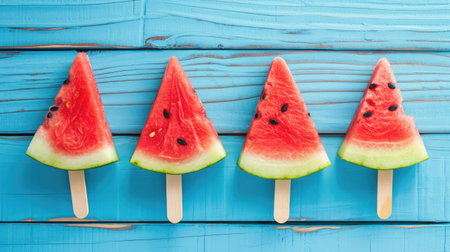 Watermelon popsicles on blue wooden background. Top view with copy spaceの素材
