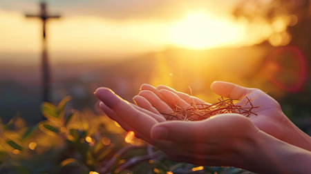 Hands of a young woman holding a christian cross at sunset.の素材