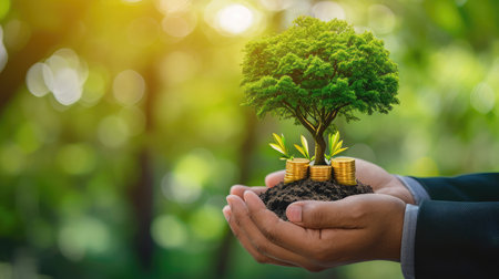 Investment and save money for investment concept, Businessman hand holding coin with tree growing from pile of coins.の素材