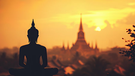 Silhouette of Buddha statue at sunset, Wat Mahathat, Ayutthaya, Thailandの素材