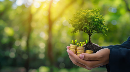 Investment and save money for investment concept, Businessman hand holding coins with tree growing on coins stack with green nature background.の素材