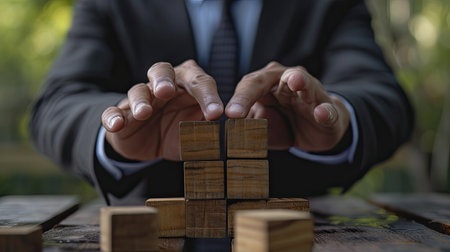 Businessman placing wooden blocks on top of a tower of wooden blocksの素材