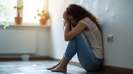Depressed young woman sitting on the floor in the room at homeの素材