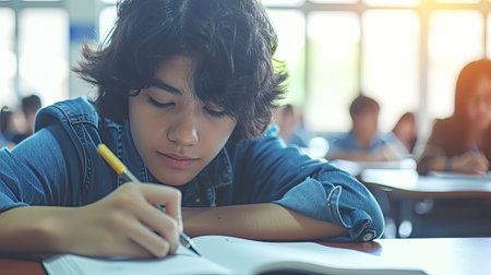 Portrait of young asian male student doing homework in classroom.の素材