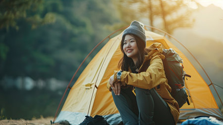 Asian woman travel and camping alone at natural park. Recreation and journey outdoor activity lifestyle. Good morning and fresh start of the day.の素材