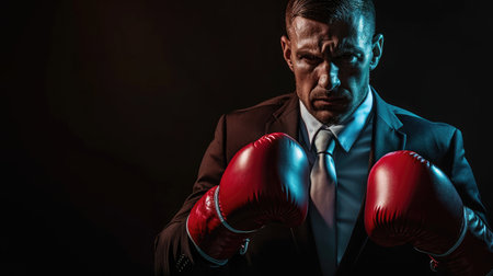 businessman in boxing gloves isolated on blackの素材