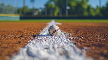 Baseball on the Infield Chalk Line with the Base in the distanceの素材