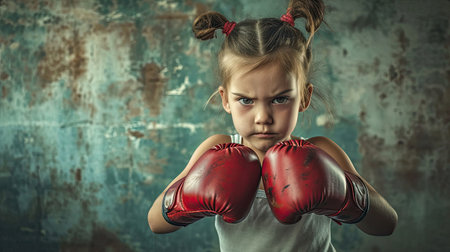 Adorable little girl boxer practicing punchesの素材