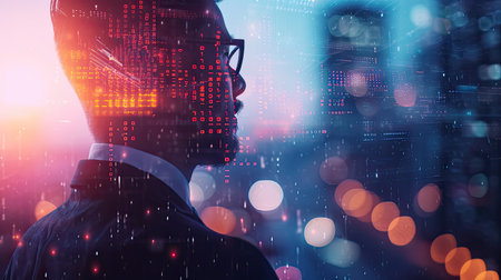 Businessman with computer background with technology theme hologram. Concept of big data. Double exposure.の素材
