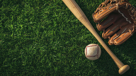 Baseball bat, glove and ball on green grass field. Sport theme background with copy space for text and advertismentの素材