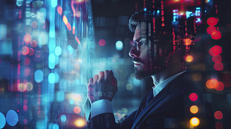 Businessman with computer background with technology theme hologram. Concept of big data. Double exposure.の素材