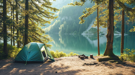 Camping green tent in forest near lakeの素材
