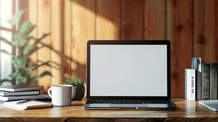 Close up of creative designer desktop with blank laptop monitor, book and coffee cup. Blurry wooden wall in the backgroundの素材