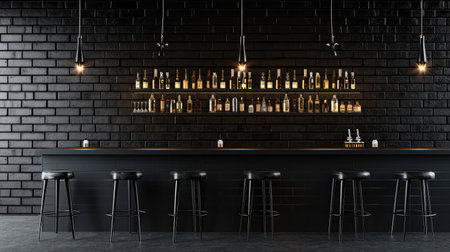 Creative black brick pub or bar interior with copy space on wallの素材