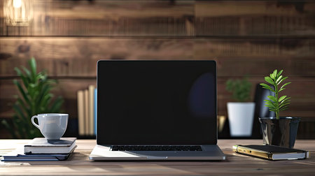 Close up of creative designer desktop with blank laptop monitor, book and coffee cup. Blurry wooden wall in the backgroundの素材