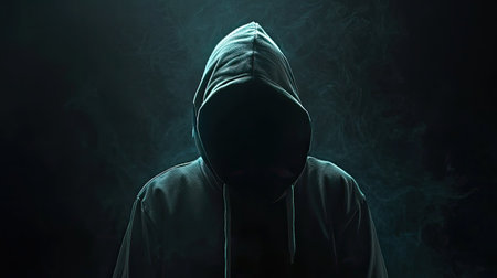 Computer hacker in hoodie. Obscured dark face. Data thief, internet fraud, darknet and cyber security concept.の素材