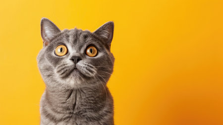 funny british shorthair cat portrait looking shocked or surprised on orange background with copy space --ar 16:9 --v 6 Job ID: cda49156-8512-4188-8af9-8272e5b1e2fbの素材