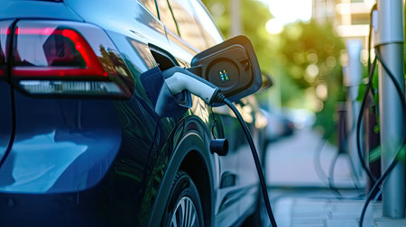 EV charging an electric car. Power supply for electric car charging. Socket for electrical car battery charger. EV car charging station in parking. Nature energyの素材