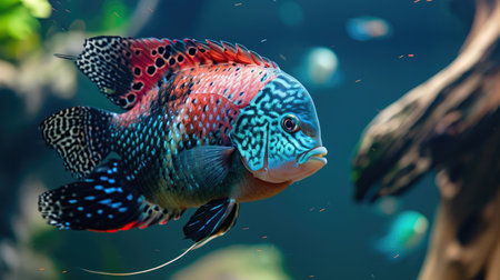 Flowerhorn Cichlid Colorful fish swimming in Aquarium deep blue freshwater fish tankの素材