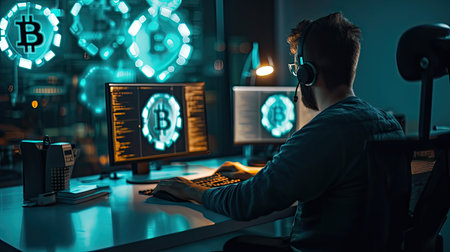 Front view of hacker in blurry interior using computers at desk with creative glowing bitcoin interface. Finance, hackingの素材