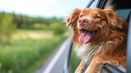 Dog travel by car. Nova Scotia Duck Tolling Retriever enjoying road tripの素材