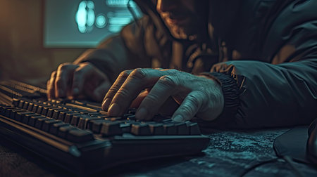 Hacker, thief is using keyboard key to break defense codes or shoot viruses into computer. The surroundings were filled with darkness and camouflage to hide. --ar 16:9 --v 6 Job ID: 28b0e012-3ba5-4bf4-8230-5352f7160873の素材
