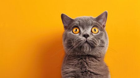 funny british shorthair cat portrait looking shocked or surprised on orange background with copy spaceの素材