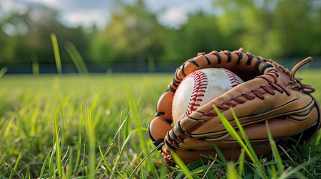 New Baseball in a Glove in the Outfieldの素材