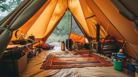 Inside of tent in camping, too many assessories and decoration for cooking, coffee and working between travel in camping tripの素材