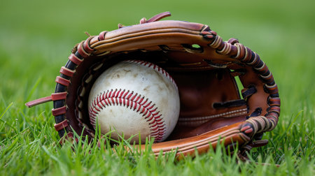 New Baseball in a Glove in the Outfieldの素材