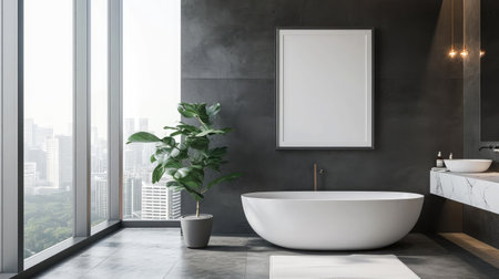 Modern bathroom interior with city view and blank poster on wall. Design and style conceptの素材