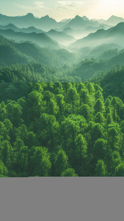 mountains wreathed in the vibrant green of dense forest trees. Warm sunlight streaming through the foliage,の素材