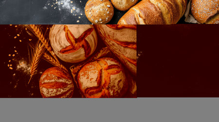 Bakery - gold rustic crusty loaves of bread and buns on black chalkboard background. Still life captured from above (top view, flat lay). --ar 16:9 --v 6 Job ID: 99f1f8d8-2e6e-4cf1-9d47-3a702ebc852cの素材