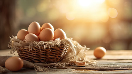 Basket of chicken eggs on a wooden table in the chicken farm --ar 16:9 --v 6 Job ID: 04ce313e-555c-4572-a7b7-45e594c99c14の素材