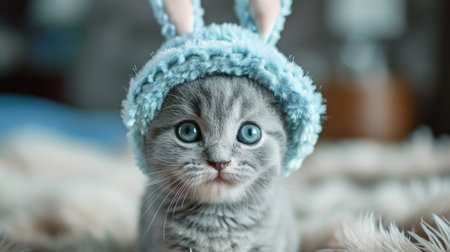 Blue russian kitten wearing rabbit earsの素材