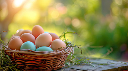 Basket of colorful chicken eggs on a wooden table in the chicken farmの素材