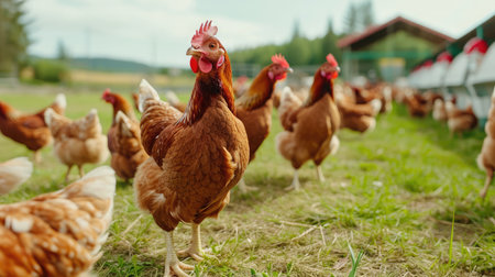 beautiful image showcases free-range egg-laying chickens in both a field and a commercial chicken coopの素材