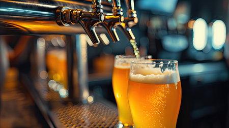 beer pouring into glass in a barの素材
