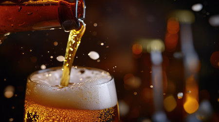 Beer is poured from dark brown bottle into beer glass. Close-up light fresh beer poured into glass steamed up from coldの素材