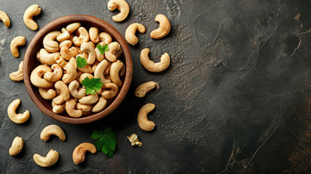 cashew nuts in wooden bowl on table background. top view. Space for text. Healthy foodの素材