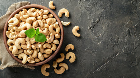 cashew nuts in wooden bowl on table background. top view. Space for text. Healthy foodの素材