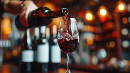 Close up female hand pouring red wine to glass. Wine expert, sommelier tasting, rating and drinking wine, bottles in background. Restaurant, wine bar, waitress. --ar 16:9 --v 6 Job ID: 1cbf1367-4665-4fea-8085-c20011f5b78dの素材