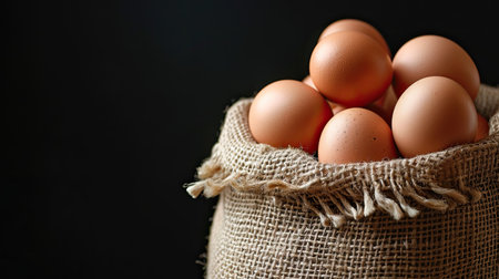 Chicken eggs in sack bag on black background.の素材