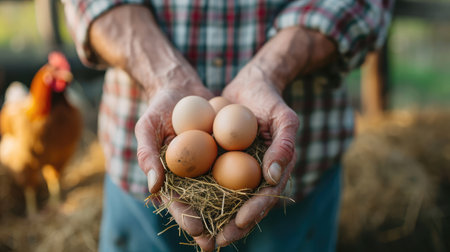 Close up of farmer is showing fresh eggs laid at the moment by ecologically grown hens in barn of countryside agricultural farm. Concept of agriculture, bio and eco farming, bio food productsの素材