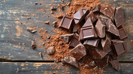 Broken chocolate pieces and cocoa powder on wooden backgroundの素材