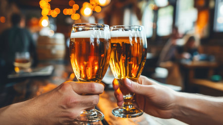 Close-up view of a two glass of beer in hand. Beer glasses clinking at outdoor bar or pub 19a86ed293f9の素材