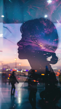 double exposure of digital identity, airport, silhouette, cosmic, HDR, futuristicの素材