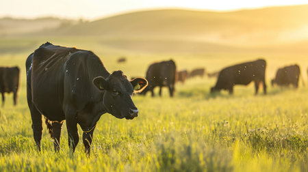 cows in a field, Beef cows and calves grazing on grassの素材