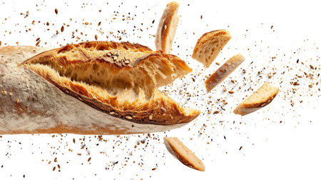 Cutting fresh baked loaf wheat baguette bread with crumbs and seeds flying isolated on white background.の素材