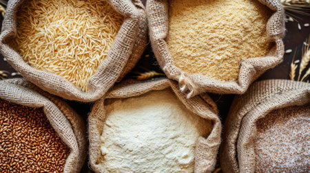Different flour of wheat cereal in bakery bags.Texture of four wheat in mill:milled wheat sprouts, wheat bran,semolina flour,durum.Top viewの素材